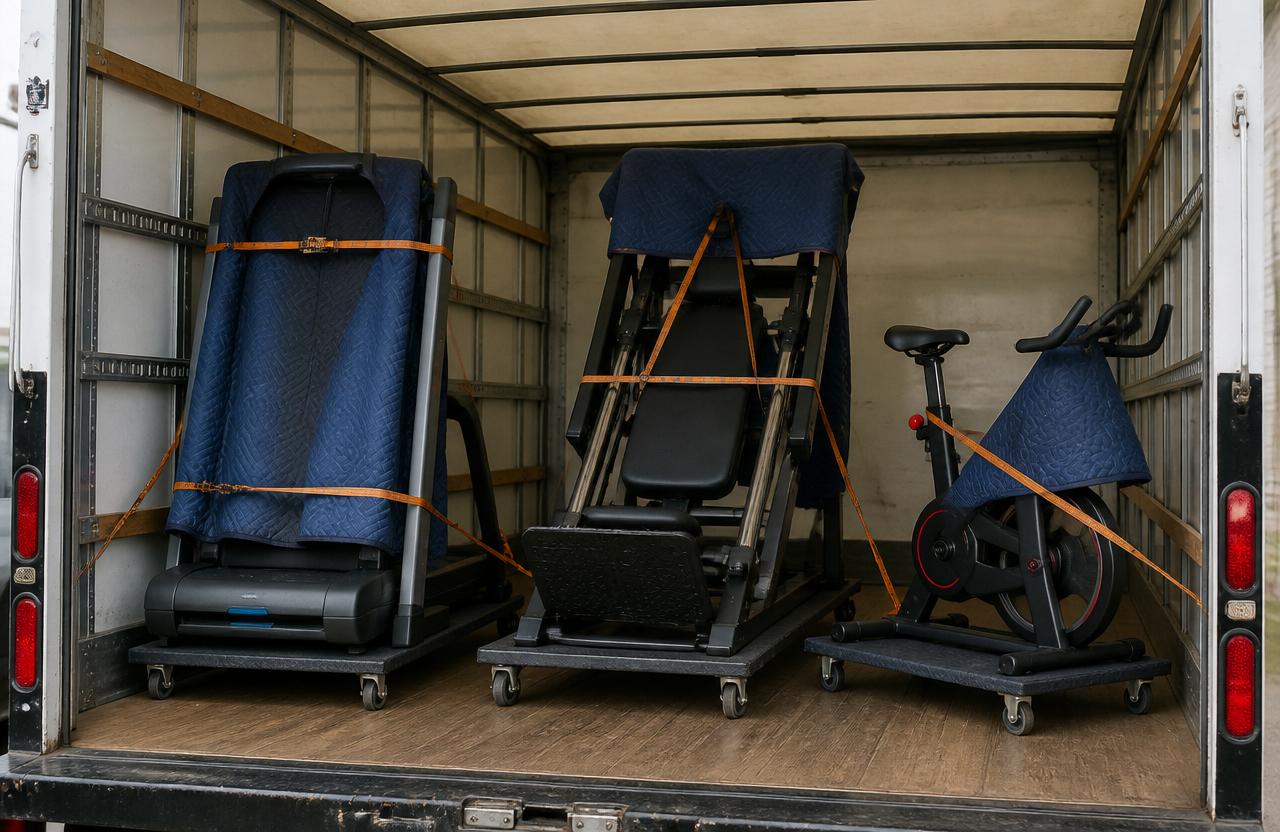 flytte treningsapparater — tredemølle, leg press og spinningsykkel sikret i flyttebil