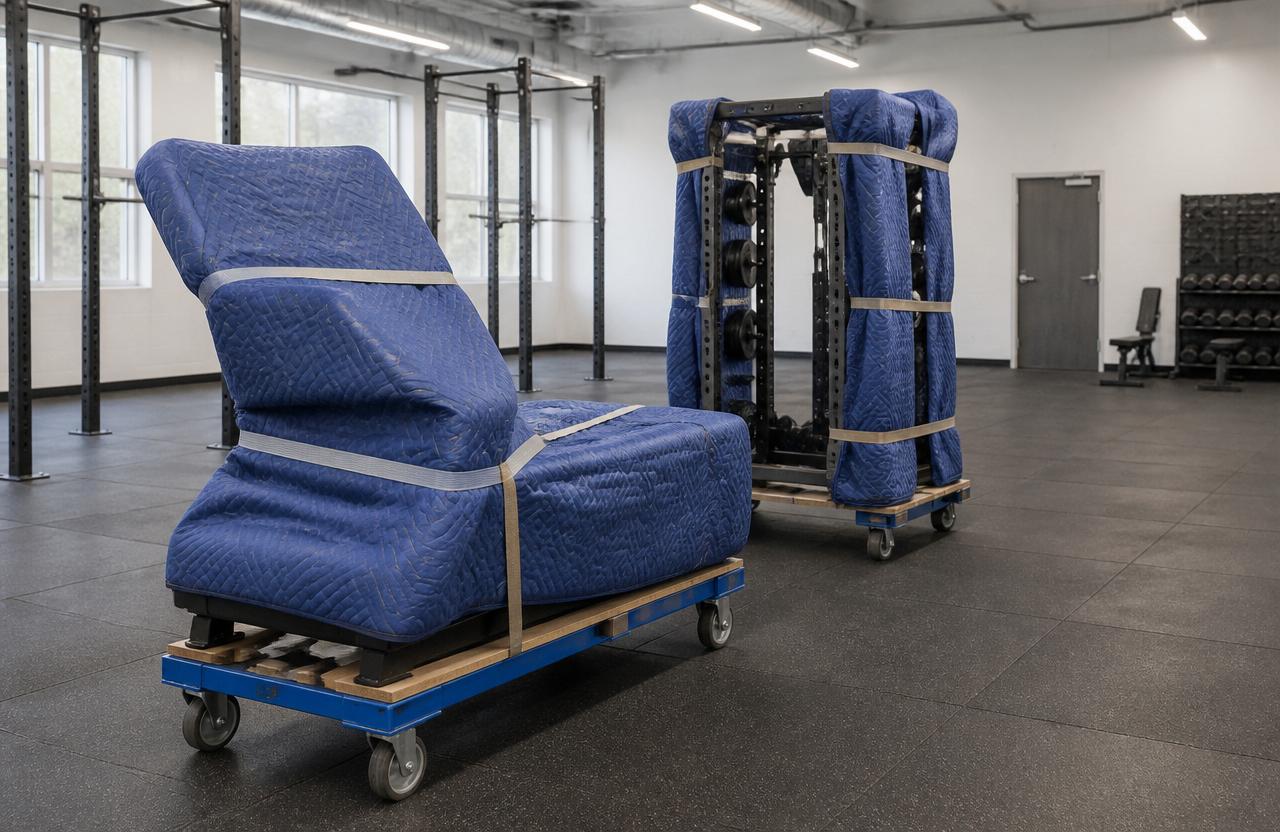 flytte treningsutstyr — tredemølle og power rack pakket inn i flytteknitt klare for transport