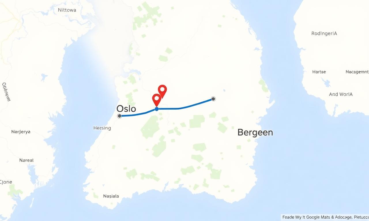 Kart som viser ruten mellom Oslo og Bergen